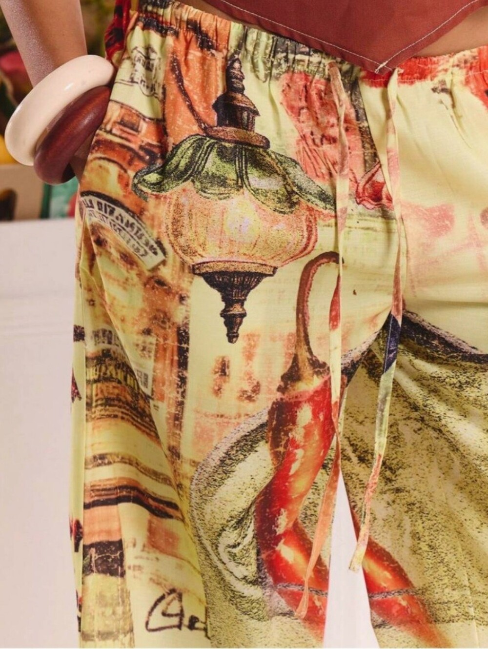 NWT Boho Tropical Linen Printed Tie Waist Wide Leg Summer Ibiza Trousers - Picture 5 of 7